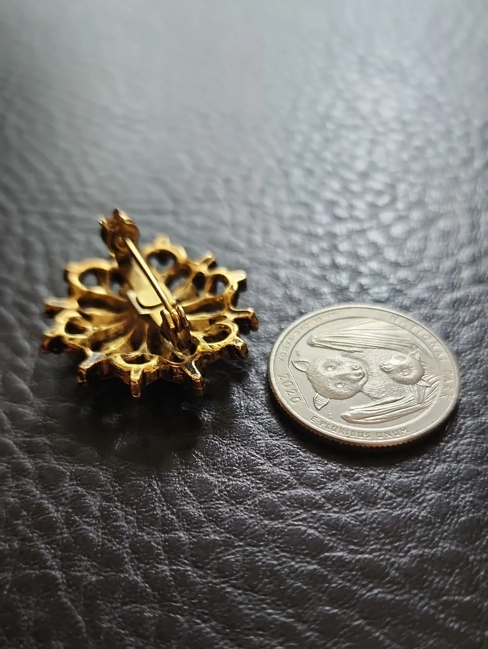 VTG Gold-Tone Floral Brooch with Red Crystal and Turquoise Accents